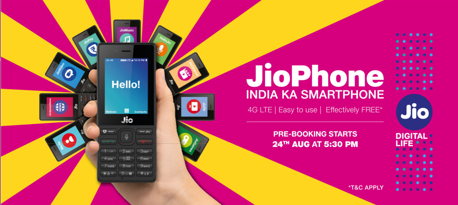 Jio Phone net costs is Rs 190.91 , Know Features and Book on www.jio.com