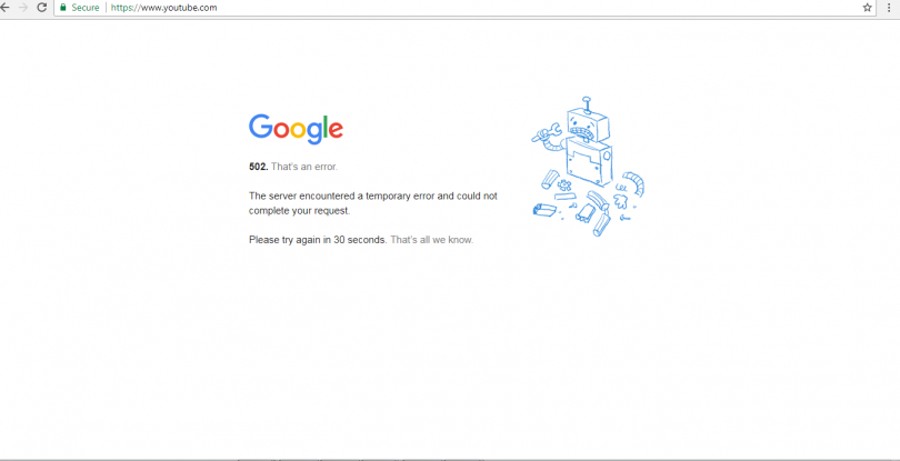 Google’s video platform and Gmail goes Down with 502 Server Error