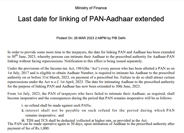 Income Tax Department Extends PAN-Aadhaar Linking Deadline to 30th June, 2023